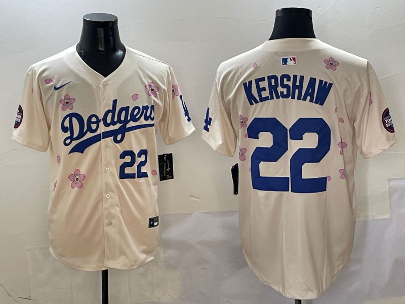 Men Los Angeles Dodgers #22 Kershaw Cream White Blue Sakura Edition 2025 Nike MLB Jersey style 3->youth mlb jersey->Youth Jersey
